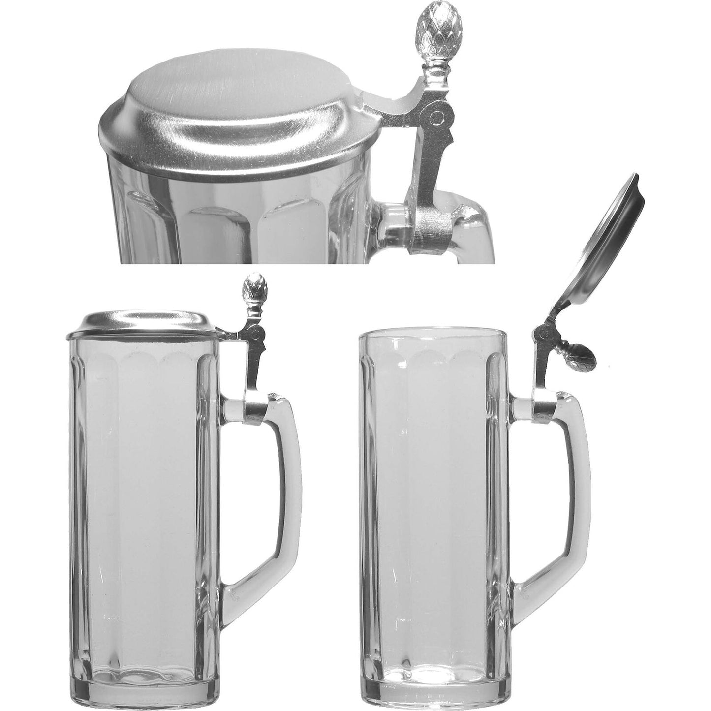 Bierseidel mit Zinndeckel, geriffelt, 65 cl, Füllstrich 0,5 l, Bierkrug aus Glas