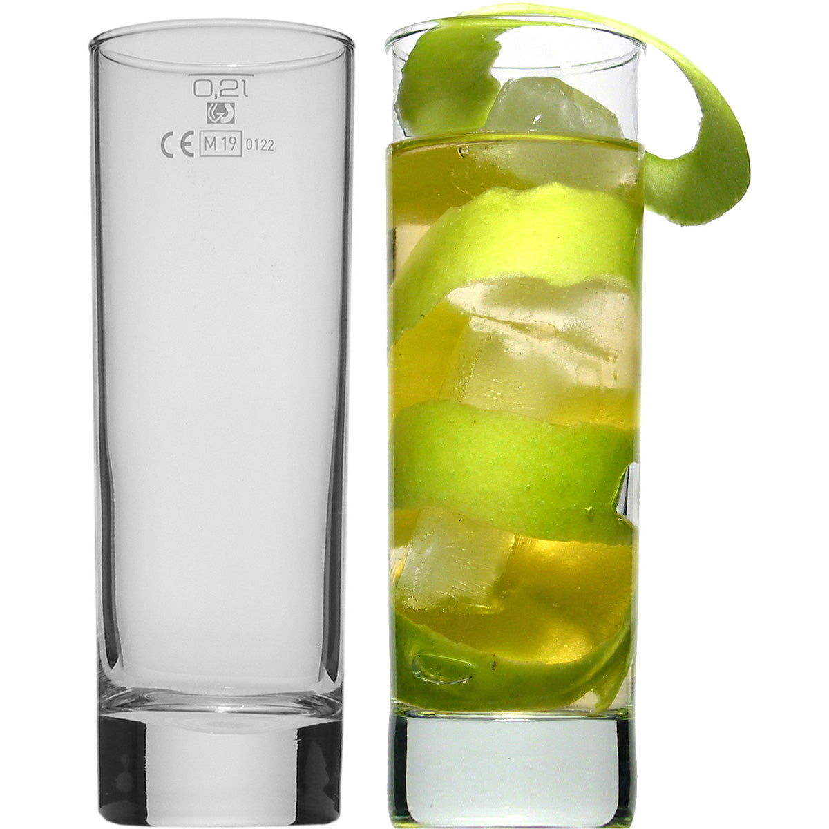 Longdrinkglas, zylindrisch, Tube-Form, mit Eisboden, 22 cl mit Füllstrich bei 0,2 l