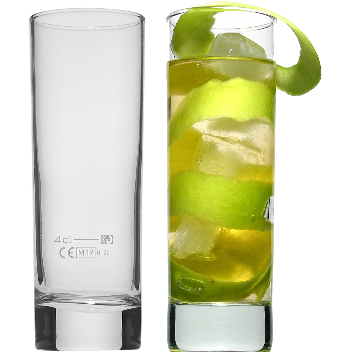 Longdrinkglas, zylindrisch, Tube-Form, mit Eisboden, 22 cl mit Füllstrich bei 4 cl