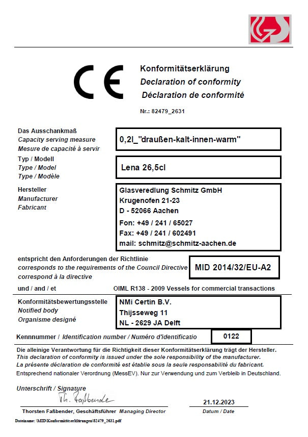 Glühweintasse 26 cl/ 320 g, stapelbar, gehärtet, Füllstrich 0,2 l, Dekor "draußen kalt, innen warm"
