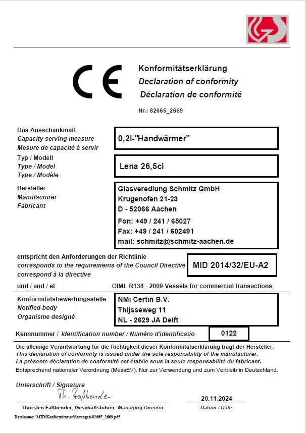 Glühweintasse 26 cl/ 320 g, stapelbar, gehärtet, Füllstrich 0,2 l, Dekor "Handwärmer"