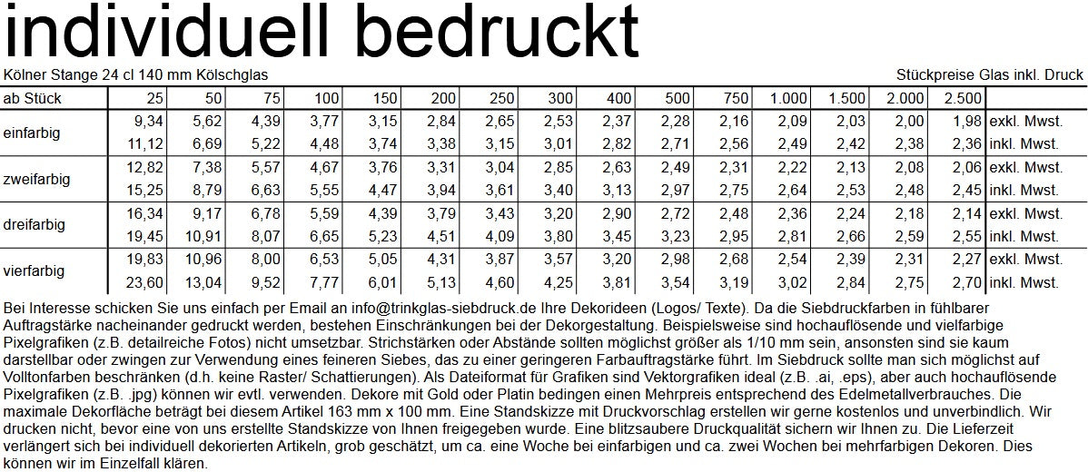 Kölner Stange 24 cl 140 mm Kölschglas, kein Füllstrich bei 0,2 l