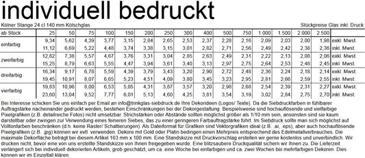 Cologne rod 24 cl 140 mm Kölsch glass, no fill line at 0.2 l