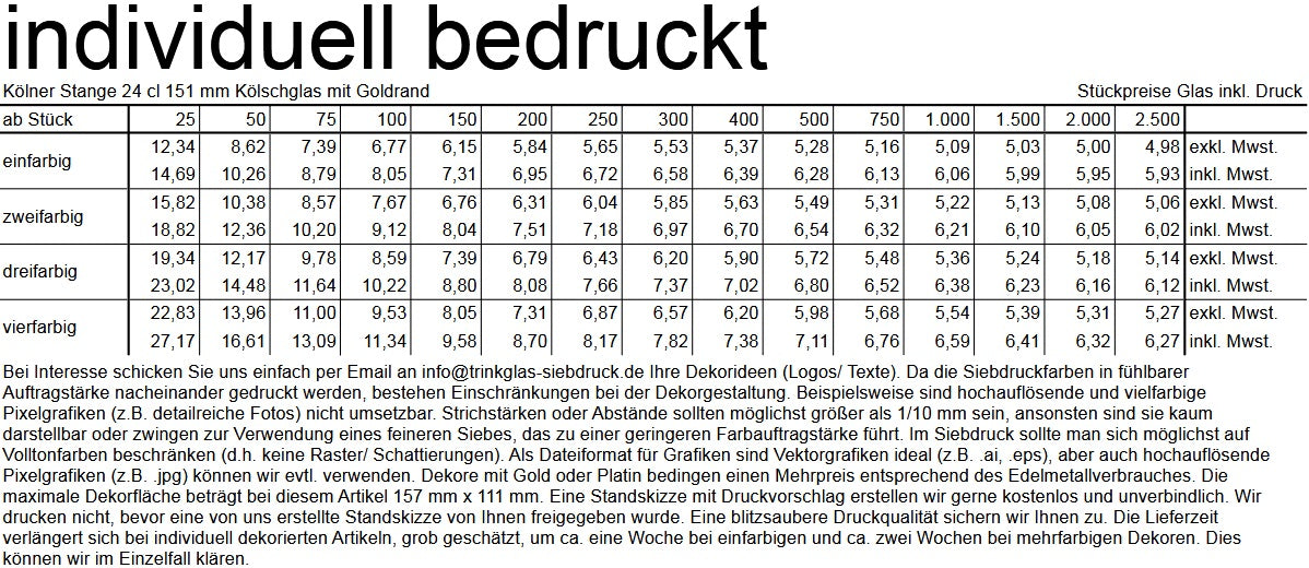 Bâtonnet de Cologne 24 cl 151 mm Verre Kölsch avec bord doré, sans trait de remplissage à 0,2 l