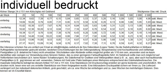 Kölner Stange 24 cl 151 mm Kölschglas mit Goldrand, kein Füllstrich bei 0,2 l