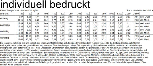 Kölner Stange 24 cl 151 mm Kölschglas, kein Füllstrich bei 0,2 l