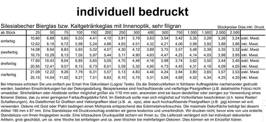 Silesiabecher Bierglas bzw. Kaltgetränkeglas mit Innenoptik, sehr filigran, 27 cl ohne Füllstrich bei 0,2 l