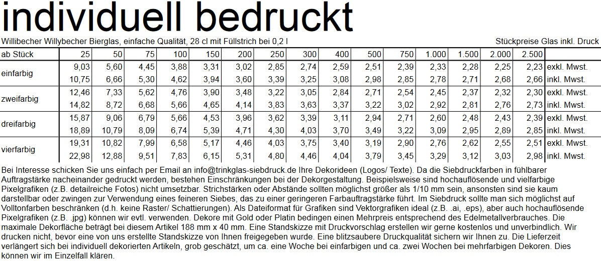 Willibecher Willybecher Bierglas, einfache Qualität, 28 cl mit Füllstrich bei 0,2 l