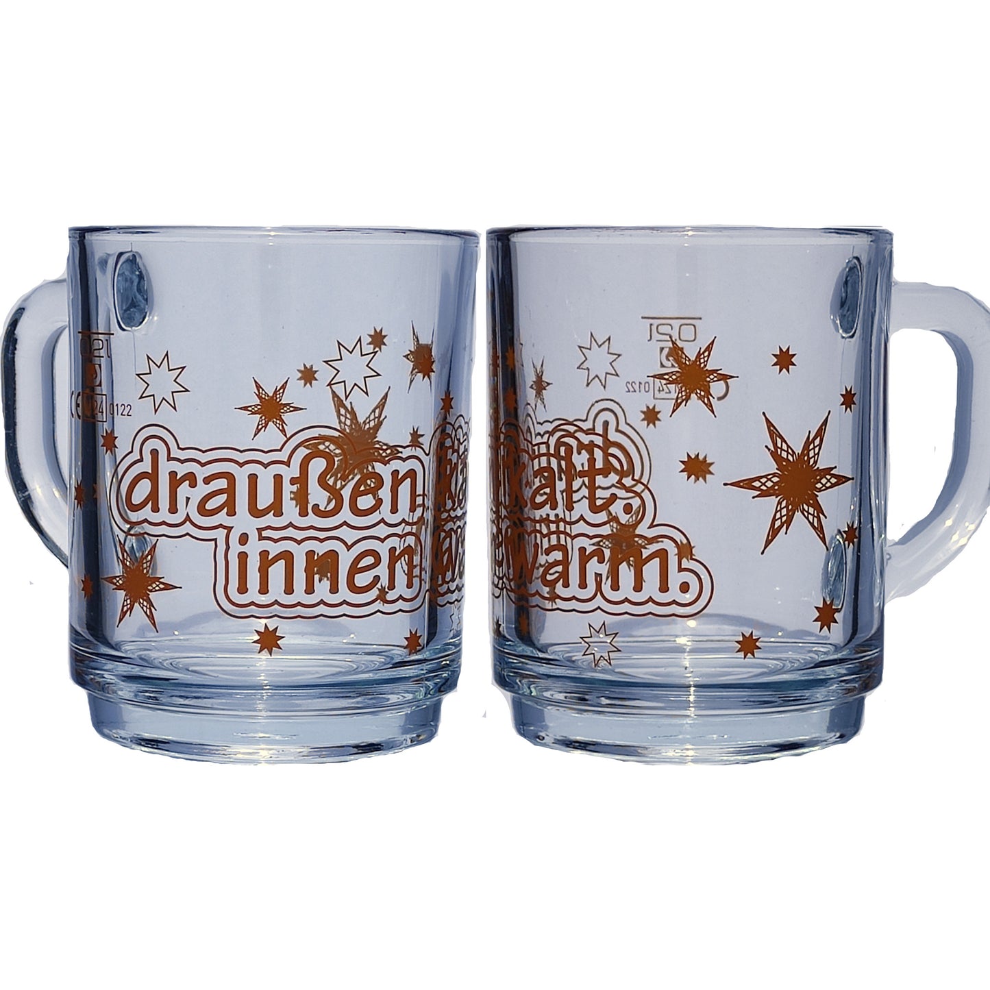 Glühweintasse 26 cl/ 325 g, stapelbar, gehärtet, Füllstrich 0,2 l, Dekor "draußen kalt, innen warm"