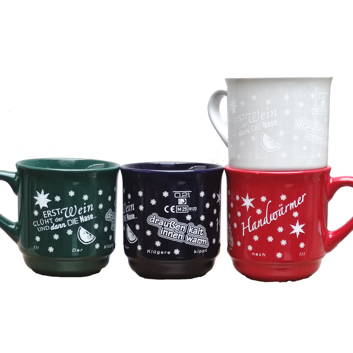 Keramik-Glühweintasse 26 cl, blau, stapelbar, Füllstrich 0,2 l, Dekor "Glühweinsprüche" einfarbig
