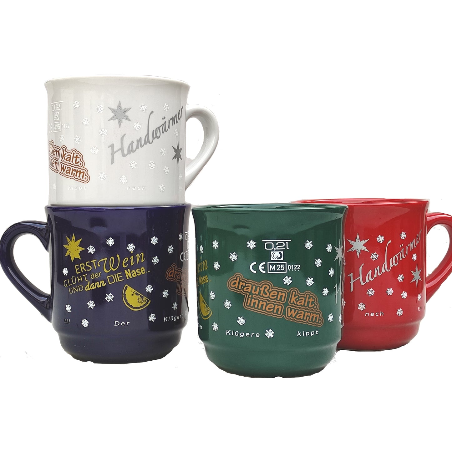 Keramik-Glühweintasse 26 cl, weiß, stapelbar, Füllstrich 0,2 l, Dekor "Glühweinsprüche" vierfarbig