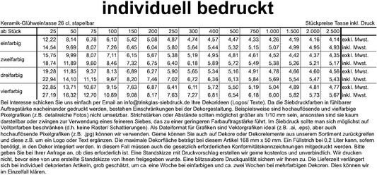 Keramik-Glühweintasse 26 cl, weiß, stapelbar, Füllstrich 0,2 l, Dekor "Glühweinsprüche" vierfarbig