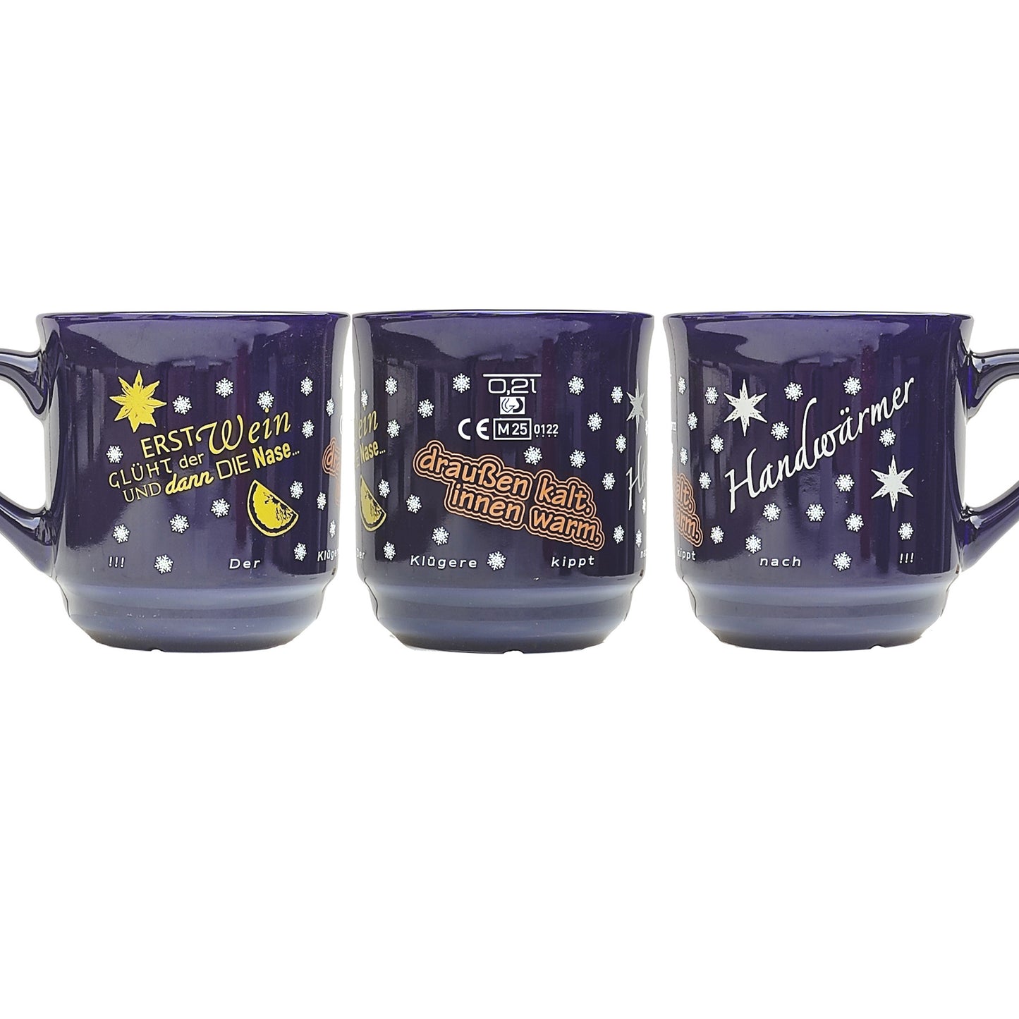 Keramik-Glühweintasse 26 cl, blau, stapelbar, Füllstrich 0,2 l, Dekor "Glühweinsprüche" vierfarbig