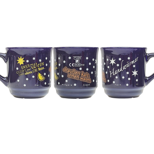 Keramik-Glühweintasse 26 cl, blau, stapelbar, Füllstrich 0,2 l, Dekor "Glühweinsprüche" vierfarbig
