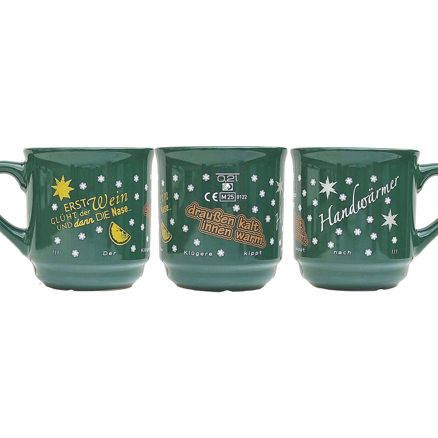 Keramik-Glühweintasse 26 cl, grün, stapelbar, Füllstrich 0,2 l, Dekor "Glühweinsprüche" vierfarbig