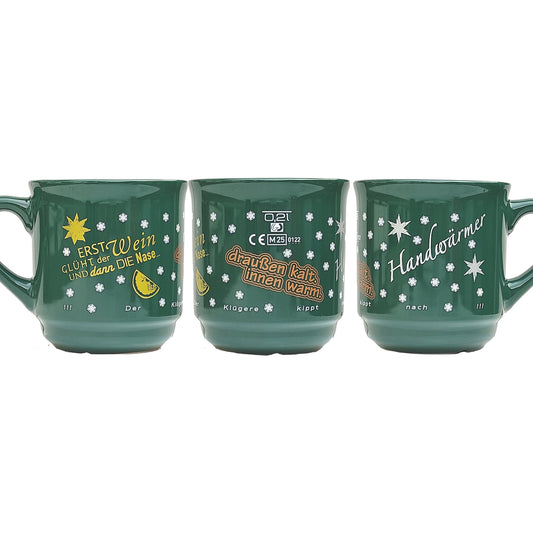 Keramik-Glühweintasse 26 cl, grün, stapelbar, Füllstrich 0,2 l, Dekor "Glühweinsprüche" vierfarbig