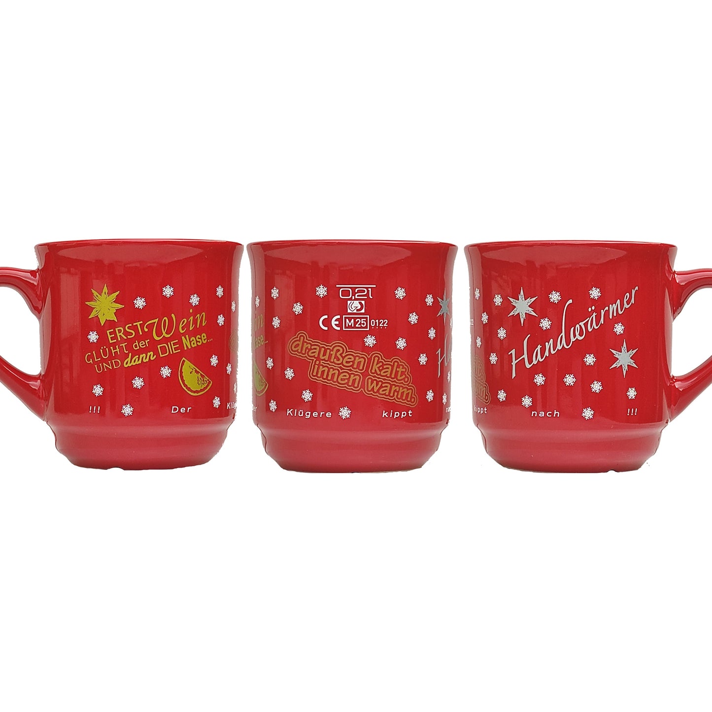 Keramik-Glühweintasse 26 cl, rot, stapelbar, Füllstrich 0,2 l, Dekor "Glühweinsprüche" vierfarbig