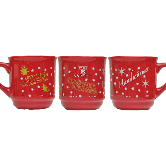 Keramik-Glühweintasse 26 cl, rot, stapelbar, Füllstrich 0,2 l, Dekor "Glühweinsprüche" vierfarbig