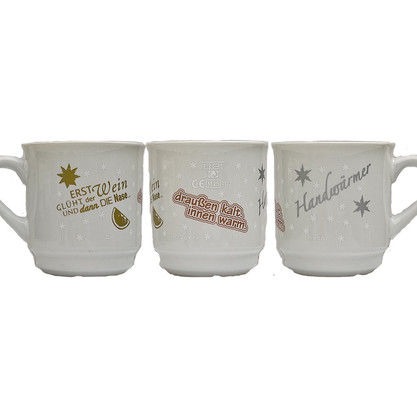 Keramik-Glühweintasse 26 cl, weiß, stapelbar, Füllstrich 0,2 l, Dekor "Glühweinsprüche" vierfarbig